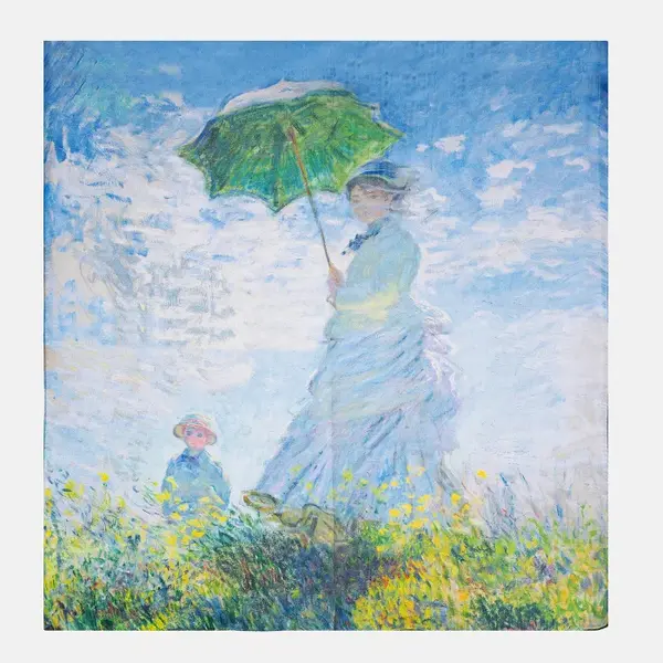 Esarfa patrata cu o singura fata imprimata cu model inspirat a dupa Fata cu umbrela a lui Claude Monet