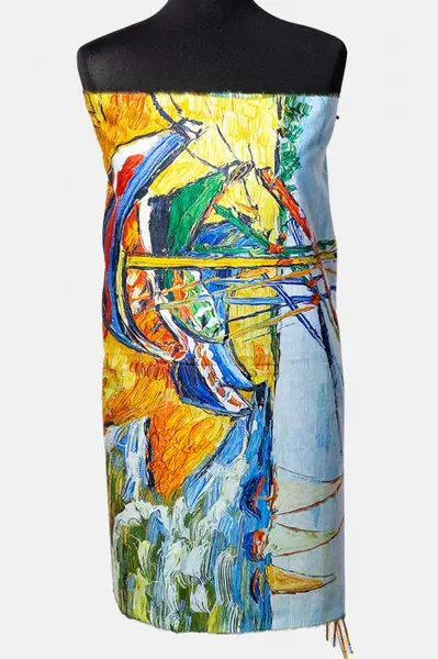 Esarfa vascoza cu fir din lurex imprimata cu model inspirat a dupa Barci pe plaja de Van Gogh