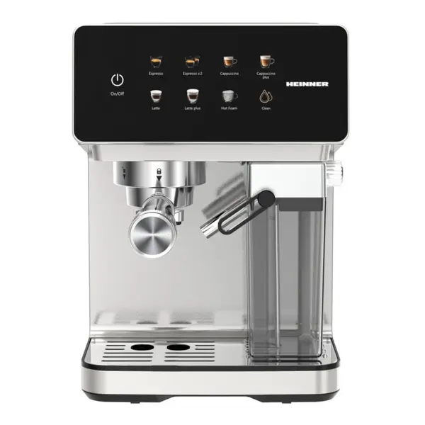 Espressor digital cu rezervor lapte Heinner CreamyBlend HEM-LK20DMLK, 1350W, 20 bar, capacitate rezervor apa detasabil 1.6L, rezervor lapte detasabil 0.5L, panoul digital si control tactil, Inox