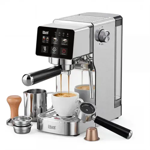Espressor iHunt Bro Barista Flex 5 in 1, Pompa Ulka 19 Bar, Rezervor 1.2L, Panou Digital Tactil, Sistem Incalzire Termobloc 1350W, Compatibil Cafea Macinata si Capsule, Carcasa din Inox (Argintiu)