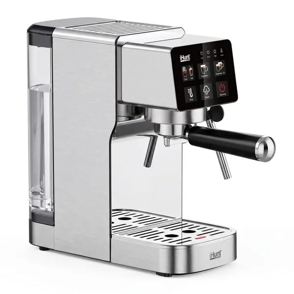 Espressor iHunt Bro Barista Flex 5 in 1, Pompa Ulka 19 Bari, Rezervor 1.2L, Panou Digital Tactil, Sistem Termobloc 1350W, Compatibil Cafea Macinata si Capsule