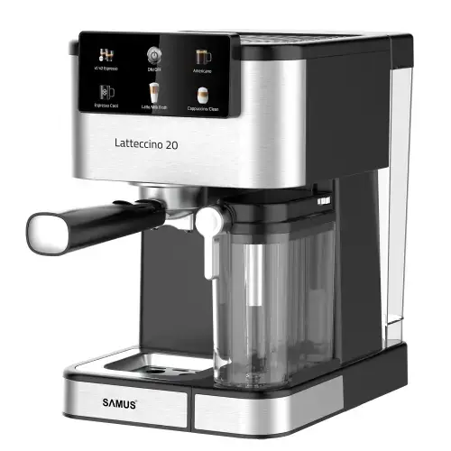 Espressor manual Samus LATTECCINO 20, 1350 W, 200 bari, Rezervor apa 1.5 l, Rezervor lapte 500 ml, 7 bauturi (Negru/Inox)