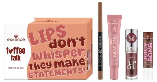 Essence Set cadou pentru buze Toffee Talk Brown, 4 piese