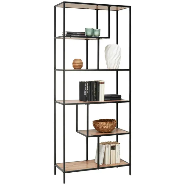 Etajeră, 77/185/33 cm, negru, culoare lemn stejar,