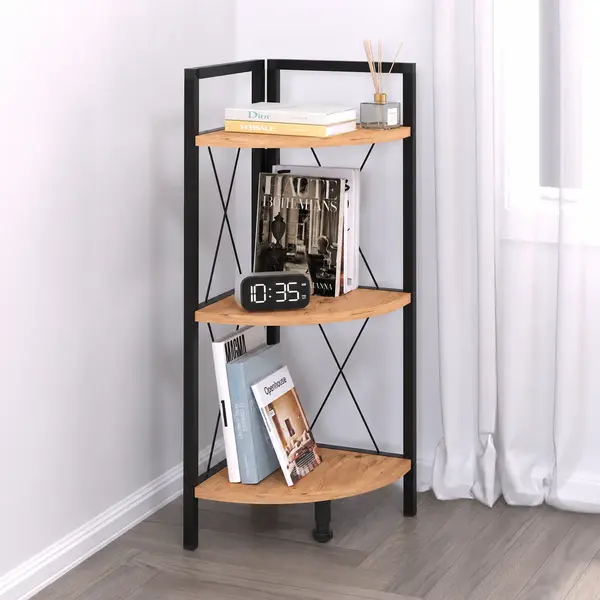 Etajera de colt din PAL si metal 33,5x33,5x87,3 cm, cu 3 rafturi, pentru living, baie sau birou