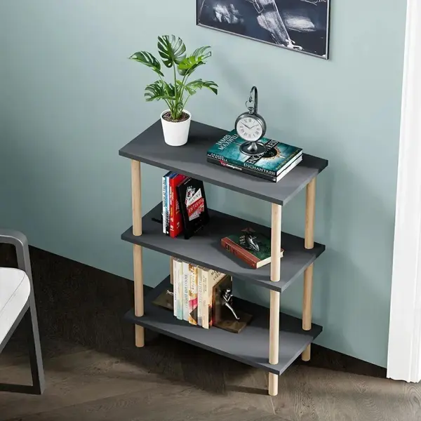Etajera decorativa cu 3 rafturi si picioare din lemn – ideala ca biblioteca sau masuta laterala