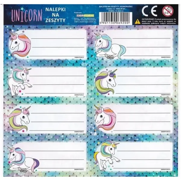 Etichete pentru elevi Derform - Unicorn, 8 buc, sortiment