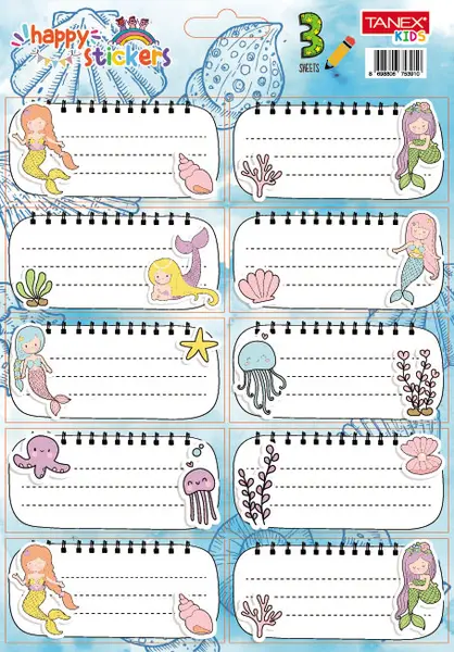 Etichete scolare autoadezive, 30buc/set, Tanex, Mermaids