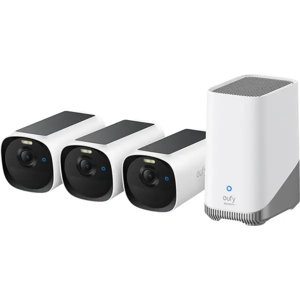 eufy Kit supraveghere video eufyCam E40, 2K HD, Incarcare solara, MaxColour Vision, Homebase 3 + 3 camere video