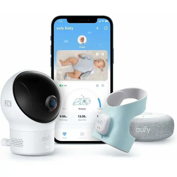 eufy Set monitorizare bebe eufy Smart Sock Baby Monitor S340, Camera 2K, 2.4 GHz Wi-Fi, Pan & Tilt, urmarire ritm cardiac si niveluri de oxigen din sange, detectie AI Cry, Alb