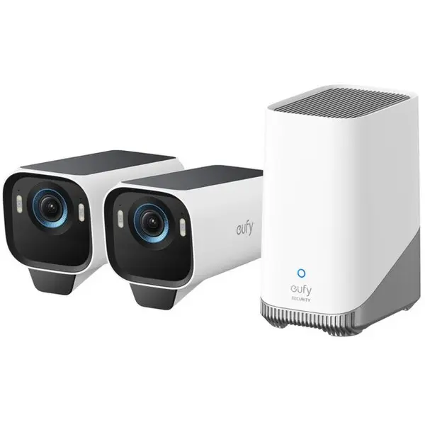 eufy Sistem supraveghere video wireless eufy eufyCam S3 Pro, 4K, BionicMind, MaxColor Vision, Panou Solar integrat, Homebase 3 + 2 camere