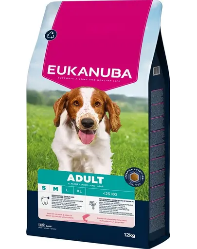 EUKANUBA Adult Small Medium Breeds Salmon & Barley 12 kg hrană uscată pentru câini adulți de talie mică și medie, bogată în somon și orz