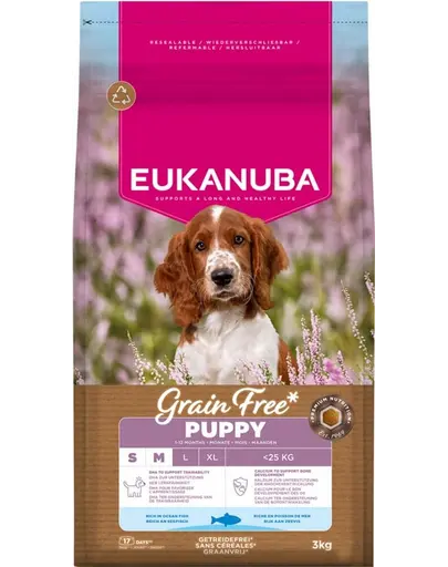 EUKANUBA Grain Free Puppy Small & Medium Ocean FishHhrană fără cereale pentru pui de câini de talie mică și medie cu pește oceanic 3 kg