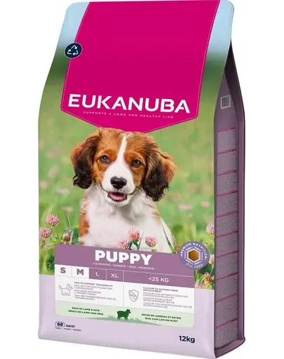 EUKANUBA Puppy Small Medium Breeds Lamb Rice 12 kg hrană uscată pentru căței din rase mici și medii, bogată în carne de miel și orez