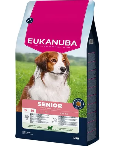 EUKANUBA Senior Small Medium Breeds Lamb Rice 12 kg hrană câine senior rase mici/medii bogată în miel și orez