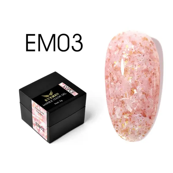 Everin Marble Color Gel EM03 – Gel color cu efect marmurat roz-coral și reflexii aurii (5g)