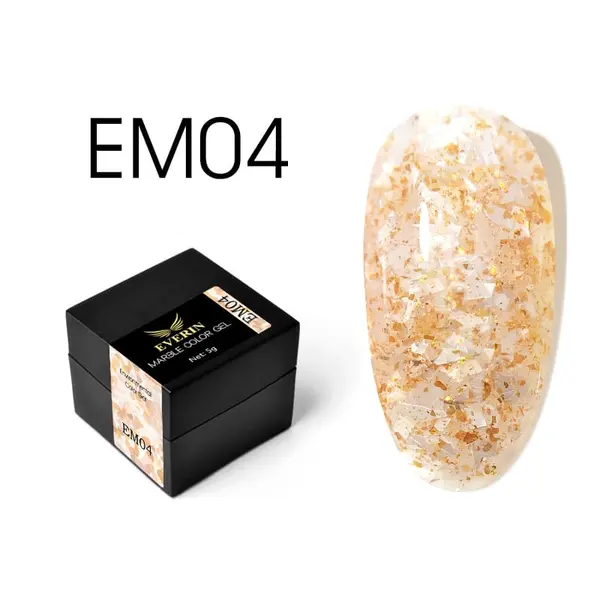 Everin Marble Color Gel EM04 – Gel color cu efect marmurat bej-auriu și fulgi perlați (5g)
