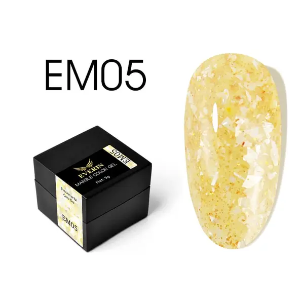 Everin Marble Color Gel EM05 – Gel color cu efect marmurat galben auriu și fulgi perlați (5g)