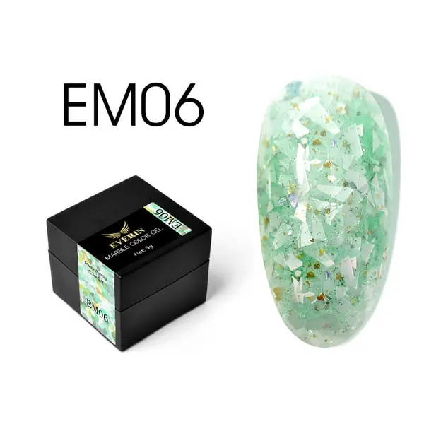Everin Marble Color Gel EM06 – Gel color cu efect marmurat verde pastel și fulgi aurii (5g)