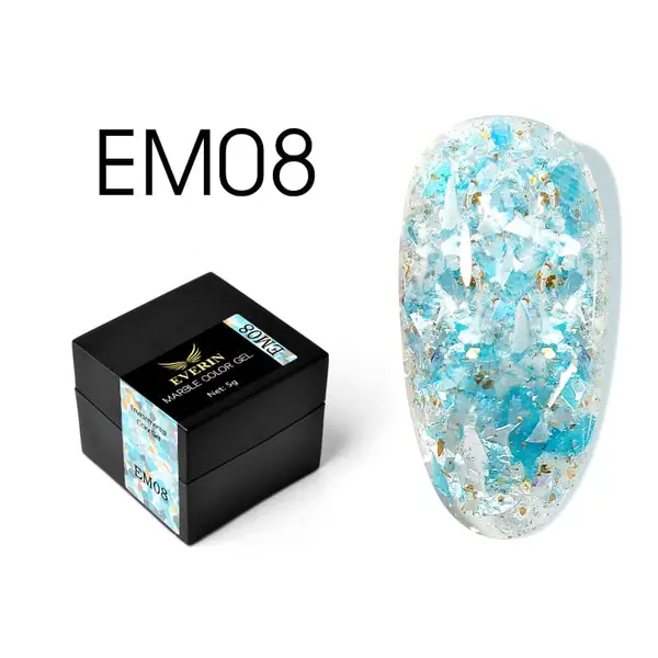 Everin Marble Color Gel EM08 – Gel color cu efect marmurat albastru acvatic și fulgi perlați (5g)