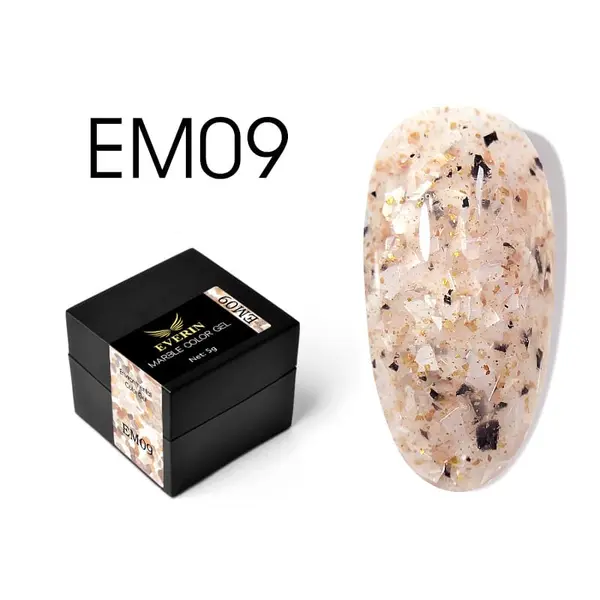 Everin Marble Color Gel EM09 – Gel color cu efect marmurat bej natural și accente negre-aurii (5g)
