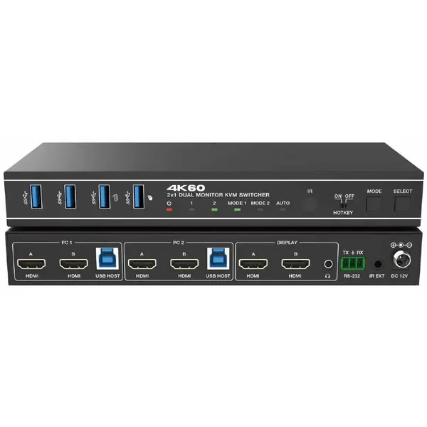 EVOCONNECT Switcher KVM 2x1, Dual HDMI 4K@60 Monitor, 18Gbps, HDCP2.3, HDR/HDR10/HDR10+/Dolby Vision, cu RS232 si telecomanda