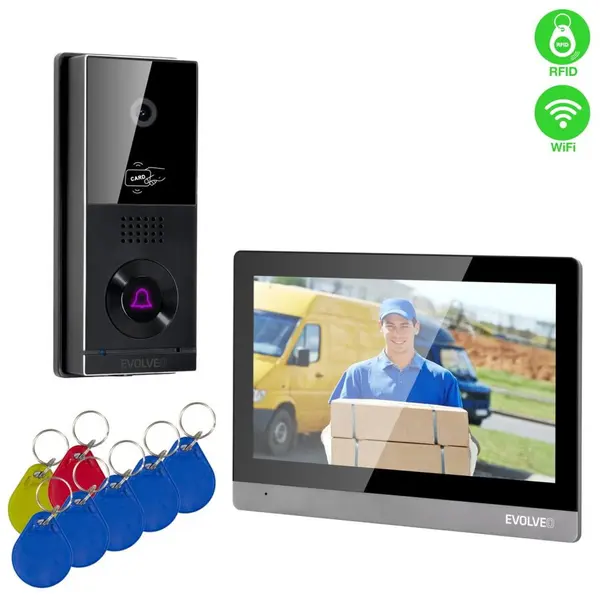 Evolveo Kit interfon video Evolveo DoorPhone AHD10, WiFi pentru acasa cu control al usii si RFID, monitor de 10”, 32GB, Negru-Argintiu