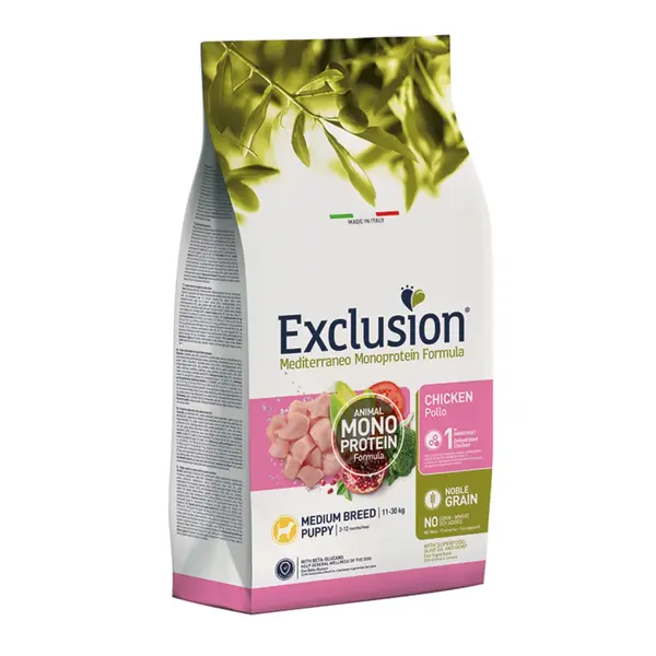 EXCLUSION Mediterraneo Monoprotein Formula Puppy Medium Breed, M, Pui, hrană uscată monoproteică câini junior, 12kg