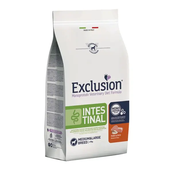 EXCLUSION Monoprotein VD Intestinal Medium&Large M-XL, Porc și Orez, dietă veterinară, hrană uscată câini, sistem digestiv, 2kg