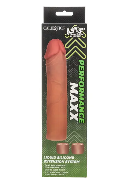Extensie pentru penis CalExotics - Performance Maxx, efect de mărire până la +7,5 cm, material silicon lichid, 20,25 cm, caramel