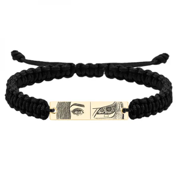Eyes - Bratara personalizata cu fotografia ochilor si farul masinii cu snur impletit si tablita din argint 925 placat cu aur galben 24 karate
