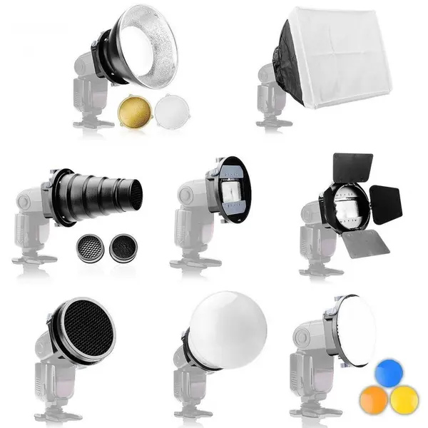 Falcon Eyes Kit modificatoare lumina pentru blitz pe patina SGA-K9 – snoot, grid, beauty dish, globe diffuser, barndoor, softbox cu montura universala