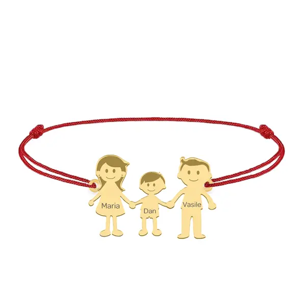 Family - Bratara personalizata snur cu pandantiv din argint placat cu aur galben 24K membrii familiei - 3 membri