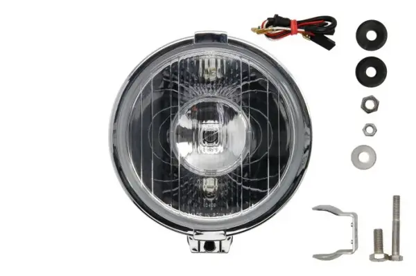 Far universal stanga dreapta (faza lunga, H3 T4W, 12 24V, diametru 190mm, transparent, plastic, negru, lumini pozitie, rama cromata, fara bec)