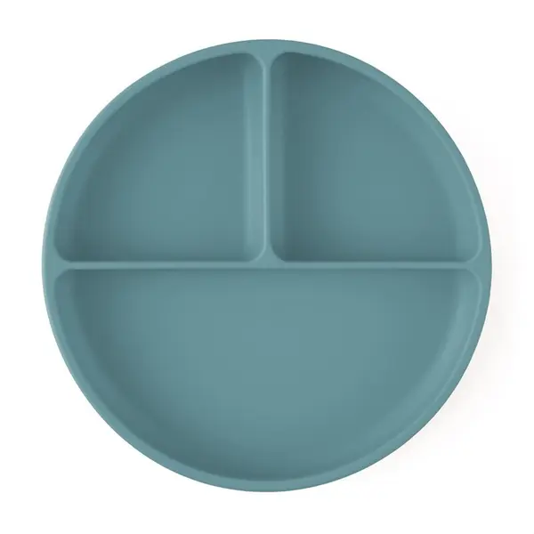 Farfurie compartimentata, Petite&Mars, Take&Match, Din silicon, Rotunda, Cu ventuza si 3 compartimente, Adecvata pentru masina de spalat vase si microunde, Nu absoarbe mirosuri, Fara BPA, 500 ml, 6 luni+, Frosted Sky, Albastru