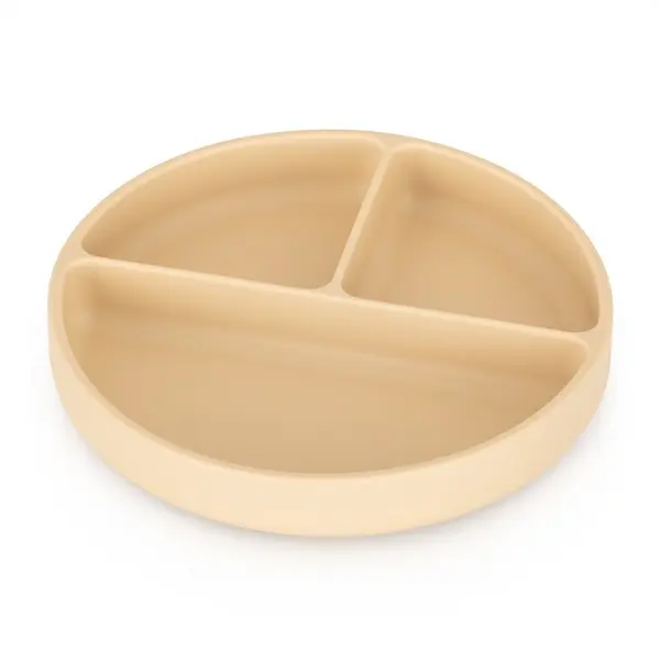 Farfurie compartimentata, Petite&Mars, Take&Match, Rotunda, Cu ventuza si 3 compartimente, Silicon, Fara BPA, 500 ml, 6 luni+, Bej