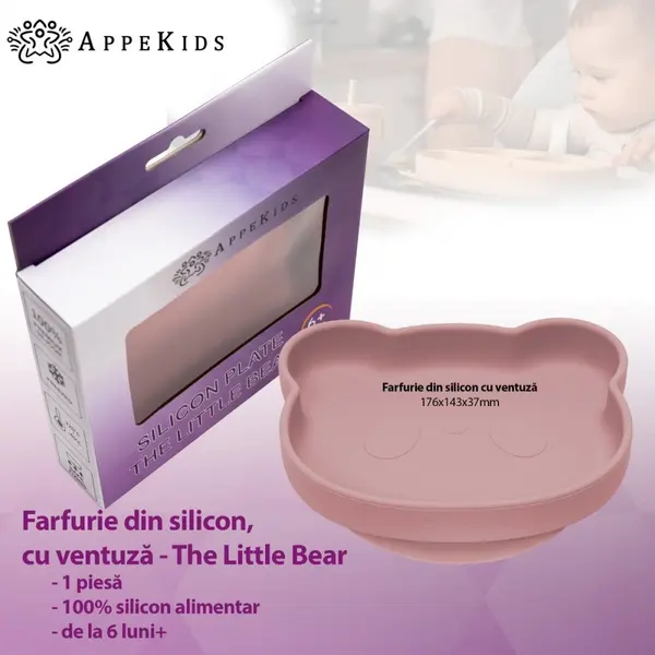 Farfurie din silicon cu ventuza AppeKids The Little Bear Old Rose