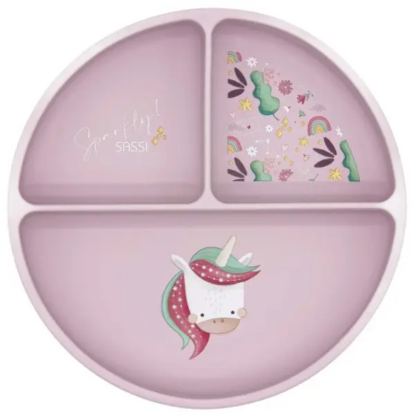 Farfurie din silicon cu ventuză Sassi - Sparkly The Unicorn, roz