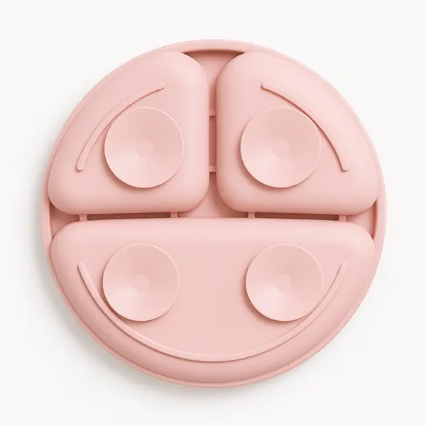 Farfurie din silicon pentru copii Bocioland Pink cu 3 compartimente si 4 ventuze de fixare, dimensiune 19.3 x 3 cm