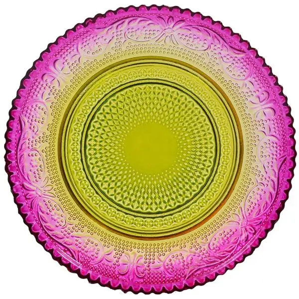 Farfurie pentru servire desert,roz cu modele in relief,sticla,15 cm