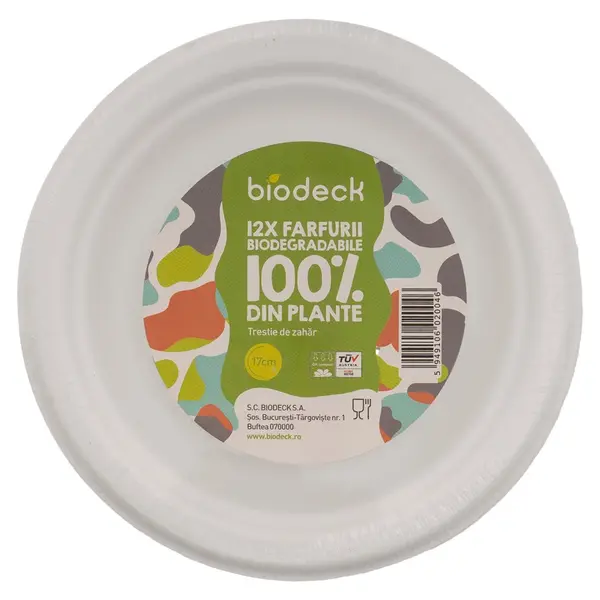 Farfurii Biodegradabile, Compostabile, Rotunde, Albe, 17 cm, 12 buc