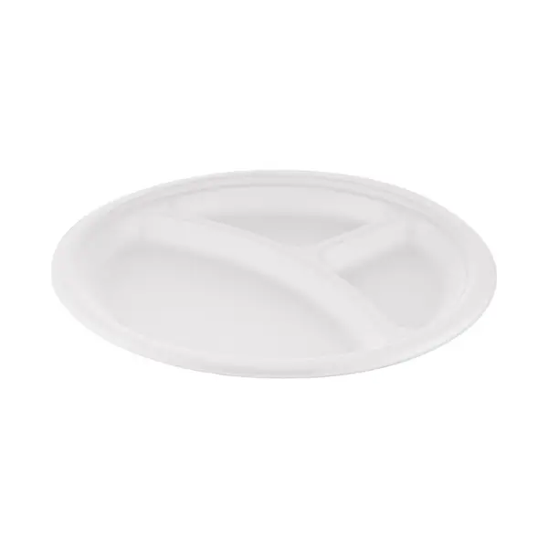 Farfurii Trestie, Biodegradabile, Compostabile, 3 Compartimente Rotunde, Albe, 26 cm, 125 buc