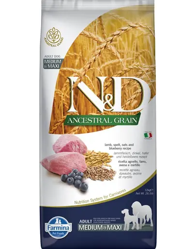 FARMINA N&D Ancestral Grain Adult Medium/Maxi Hrana caini adulti talie medie si mare, cu miel, grau, ovaz, afine 12 kg