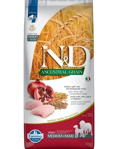 FARMINA N&D Ancestral Grain Adult Medium/Maxi Sac hrana uscata caini talie medie sau mare, cu pui si rodie 12 kg