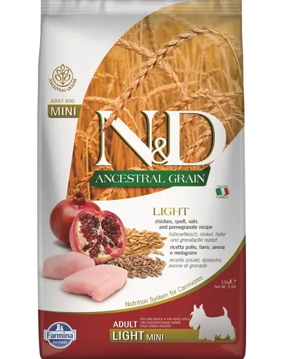 FARMINA N&D Ancestral Grain Ancestral Dog light chicken & pomegranate Hrana caini talie mica, cu pui si rodie 2,5 kg