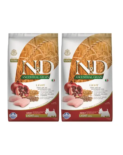 FARMINA N&D Ancestral Grain Ancestral Dog light chicken & pomegranate 2 x 2,5 kg Hrana caini talie mica, pui si rodie
