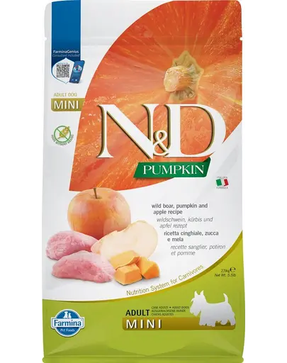 FARMINA N&D GF Adult Mini Pumpkin Boar&Apple hrana uscata caini adulti talie mica, dovleac, mistret si mar 2.5 kg