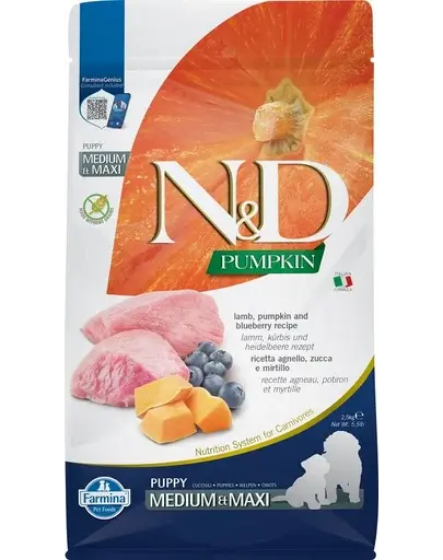 FARMINA N&D GF Puppy Medium&Maxi Pumpkin Lamb&Blueberry hrana uscata caini juniori talie medie/mare, cu dovleac, miel si afine 2,5 kg