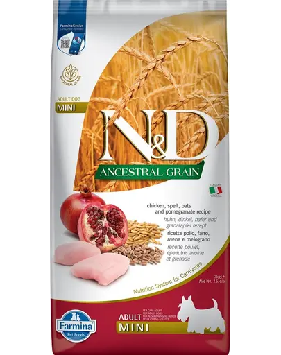 FARMINA N&D Low Grain Adult Mini Hrana uscata caini talie mica, cu pui si rodie 7 kg