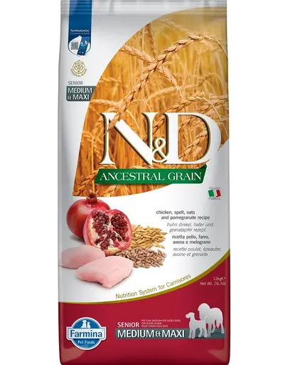 FARMINA N&D Low Grain Senior Medium/Maxi Hrana uscata pentru caini seniori talie medie si mare,cu pui si rodie 12 kg